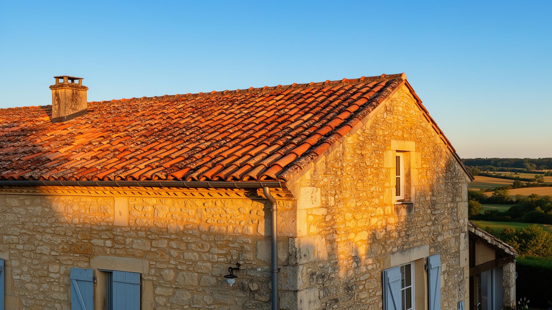 Toiture en tuiles d'une maison du Périgord rénovée par un couvreur de Bergerac